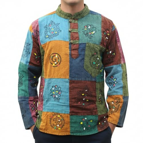 SHOPOHOLIC FASHION Patchwork Stripe StoneWashed Hippie Maglietta Maniche Lunghe Camicia da Nonno Fatta Festival Mano da Uomo, 3XL