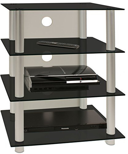VCM HiFi Möbel | Rack Schrank Phono Regal | Alusäulen Glasböden | Maße H. 70 x B. 59 x T. 49 cm | Phono Mediaregal - Blados Schwarzglas