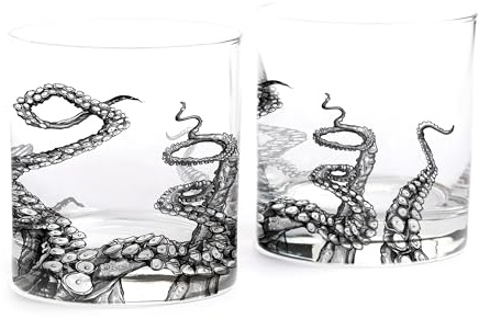 Black Lantern Whiskey Glasses Set of 2 – 11oz Heavy Base Old Fashioned Rocks Glasses – Screen Printed Designs with Gift Box (Octopus Tentacles)