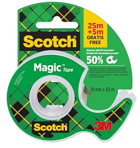Scotch Magic Unsichtbares Klebeband, 19 mm x 25 mm, 1 Rolle auf Handabroller/Packung + 5 m GRATIS