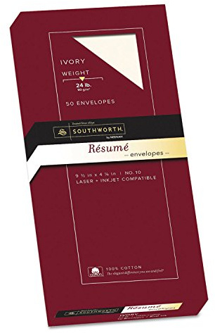 Southworth Company Products - Resume Envelopes, Laser/Inkjet, No 10, 24lb., 50/PK, Ivory - Sold as 1 BX - Exceptional Resume Envelopes are designed for use with Southworth Exceptional Resume Paper for a professional, organized and credible presentation. Made of 100 percent cotton. Acid-free paper of No. 10 envelopes is watermarked and date-coded. Compatible with laser and inkjet printers. 24 lb.