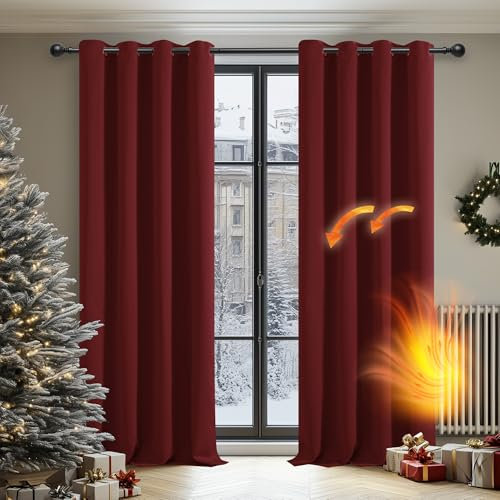 Deconovo Christmas Curtains Red Blackout Curtains for Bedroom Super Soft Solid Thermal Insulated Eyelet Blackout Curtains 46 x 54 Inch 2 Panels