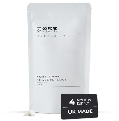 Oxford Vitality Vitamin D3 1000IU & K2 MK7 Tablets | Bone Support Supplement | Easy to Swallow Daily Vitamin D and K2 Tablets | Pack of 120