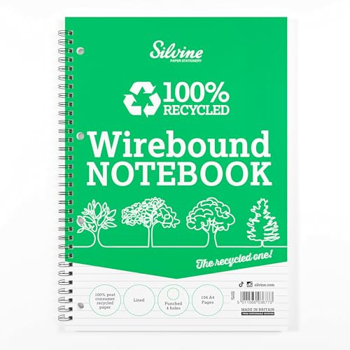 Silvine 104 Page A4 Everyday Recycled Wirebound Notebook, White, Ruled 8mm Feint