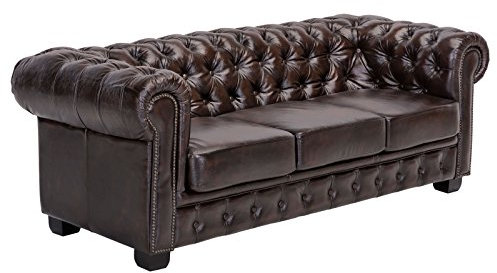 Woodkings® Chesterfield Sofa 3-Sitzer Vintage Echtleder Couch Bürosofa Polstermöbel 3 Sitzer antik Designsofa Federkern Unikat Herrenzimmer englisches Leder Stilsofa Clubsofa (antik braun)
