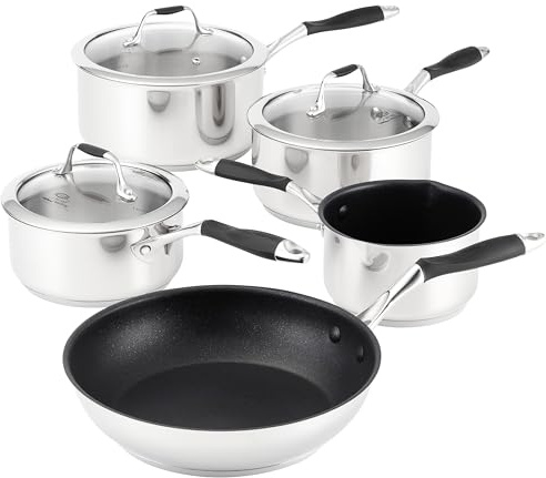 Stellar James Martin Set of 5 Stainless Steel Pans, 20cm, 18cm, 16cm Saucepans with Lids, 14cm Milk Pan, 24cm Non-Stick Frying Pan, Induction Ready, Oven Safe, Dishwasher Safe