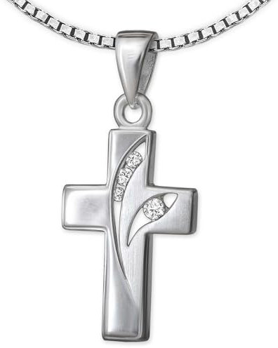 CLEVER SCHMUCK Damen Kreuzkette Silberkreuz mit 3+1 Zirkonias 2 Bögen offen teilmatt Kette Venezia 42 cm glänzend 925 Sterling Silber für Mädchen Jugendliche im Schmucketui