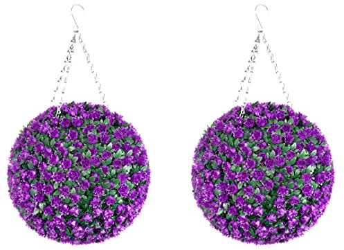 Best Artificial Pair of 28cm Purple Rose Topiary Hanging Flower Balls **UV Fade Protected**