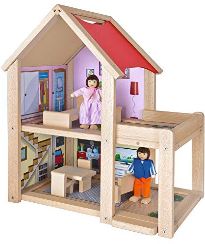 Eichhorn 100002501 - Puppenhaus fertig montiert inklusive 2 Puppen und Möbeln, 9-TLG., 22,5x36x41cm, Buchenholz
