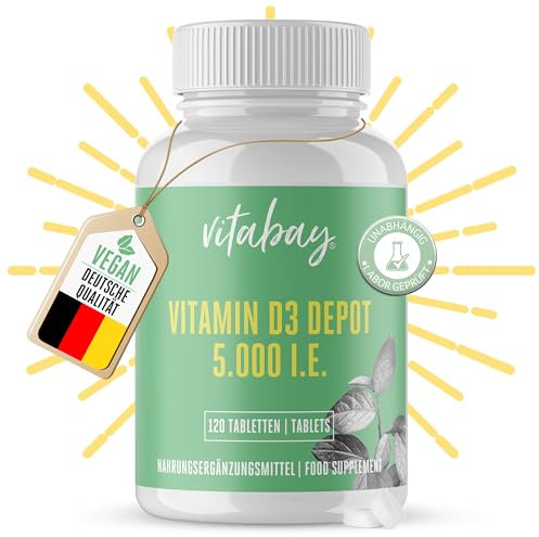 Vitabay Vitamine D3 5000 IU - 120 Comprimés de Vitamine D Cholécalciférol - Vegans sans Additifs et à Haut Dosage - Contribue au maintien d'une ossature normale - Vérifié en Laboratoire