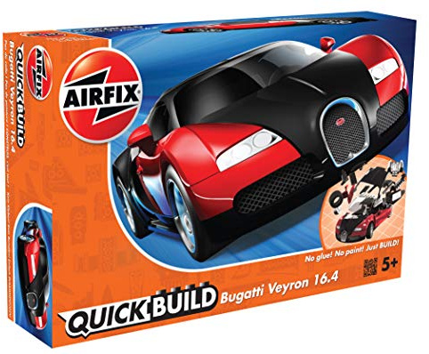 Airfix J6020 Quickbuild Plastic Model Car Kits - Bugatti 16.4 Veyron Black/Red, Easy Assembly Snap Together Kit, Classic Race Cars for Adults & Kids to Build, Model Sport Cars, Building Toys Set
