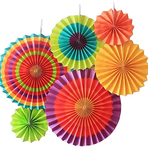SUNBEAUTY 6er Set Tissue Papier Fans Fächer Dekoration für Party Feier Hochzeit Geburtstag Kombination 21cm 31cm 42cm (Bunt)