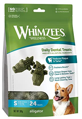 WHIMZEES Krokodil, natürliche, getreidefreie Zahnpflegesnacks, Kaustangen für kleine Hunde, 24 Stück, Größe S