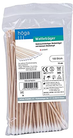 Watteträger kleiner Kopf Holzstab mit kleinem Wattekopf, 15 cm lang, á 100 Stück, unsteril, 2er Pack (2 x 100 Stück)