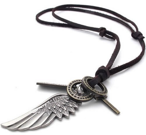 KONOV Schmuck Herren Halskette, Engel Flügel Kreuz Anhänger mit Leder Kette, Braun Silber