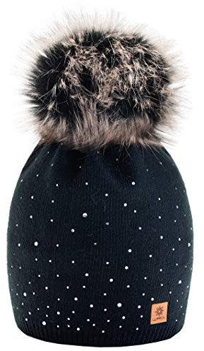 morefaz Wurm Winter Strickmütze Mütze Damen Kristalle Kiesel mit Große Bommel Pompon l SKI (Black) (MFAZ Ltd)