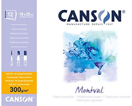 Canson Montval, Papel de acuarela, Prensado en frío, 300g, Encolados por el lado corto , 18x25cm, Blanco, 12 Hojas
