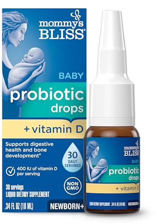 Mommy's Bliss Baby Probiotics + Vitamin D Drops, Supports Digestive Health & Immune Function*, 400IU Vitamin D , Supports Bone Development*, Newborns+, Flavorless, 0.34 Fl Oz (30 Servings)