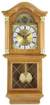 Bedford Clock Collection Classic Chiming Wall Clock with Swinging Pendulum, Golden Oak