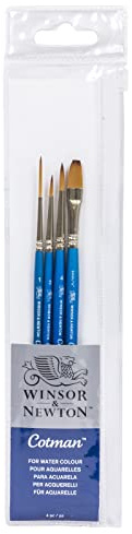 Winsor & Newton, Cotman Watercolour Synthetic Brushes, Short Handle, Pack of 4 (4 and 2 Round, 1 Rigger ,and 6mm One Stroke)
