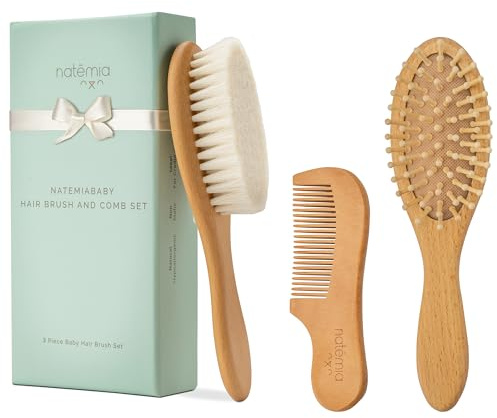 Natemia Premium Wooden Baby Hair Brush and Comb Set - Natural Soft Bristles - Ideal for Cradle Cap - Perfect Registry Gift - Baby Hair Comb Wooden - Toddler Hair Brush - Scalp Brush