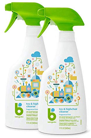Babyganics Toy & Highchair Cleaner Spray, Fragrance Free, 17oz Spray Bottle, Made without ammonia, bleach, phosphates, phthalates or dyes, Pack of 2.