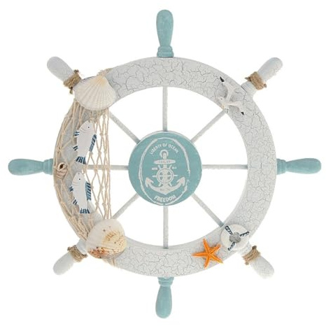 Rienar Nautical Beach Wooden Boat Ship Steering Wheel Fishing Net Shell Fish Home Wall Décor(11 Diameter)
