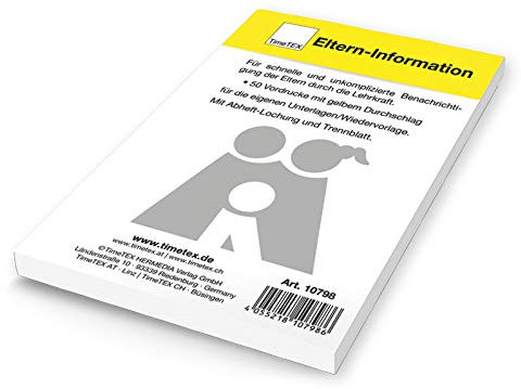 TimeTEX Eltern-Information - Für schnelle und unkomplizierte Benachrichtigung der Eltern durch den Lehrer - 50 Vordrucke mit gelbem Durchschlag - selbstdurchschreibend - A6 - Block - 10798 - Elternbenachrichtigung - Mitteilung