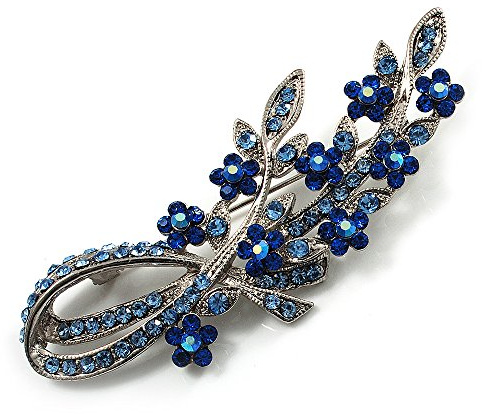 Romantic Blue Austrian Crystal Floral Brooch In Silver Tone Metal - 75mm L