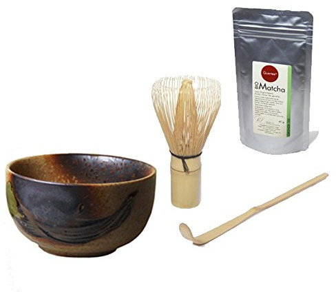 Quertee Matcha Set - Bio Matcha Pulver - 40 g im Alu-Zip-Beutel PLUS Original japanische Matcha Schale - 400 ml PLUS Matcha Besen Chasen - Matchabesen PLUS Matcha Bambuslöffel Chashaku