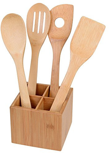 GRÄWE Küchenhelfer-Set - 4 Kochlöffel und Küchenutensilien-Halter aus Bambus - Rührlöffel, Lochkelle, Pfannenwender und Schaumlöffel