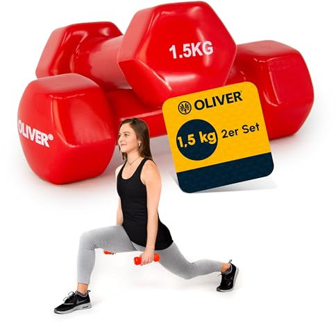 Oliver – Vinyl Kurzhanteln Set 2 x 1,5kg Rot – Hantelset für Männer & Frauen – Hanteln Gusseisen mit griffigem Vinylüberzug – Für Gymnastik, Aerobic, Fitness- & Krafttraining im Studio oder zu Hause