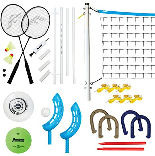Franklin Outdoor-Set - Spiele-Combo mit 5 Spielen I Volleyball-Netz inkl. Befestigung, Ball & Pumpe I Neon-Frisbee I Beachball-Set I Flip-Wurfspiel I Badminton-Set I Outdoor-Spiele für Erwachsene