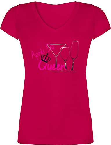 T-Shirt Damen V Ausschnitt - Skiurlaub - Après Ski Queen - Apres Ski Party Outfit Mottoparty - M - Fuchsia - Shirt skishirts Skifahren apre Tshirt Fasching après-ski-Party-Outfit Wintersport