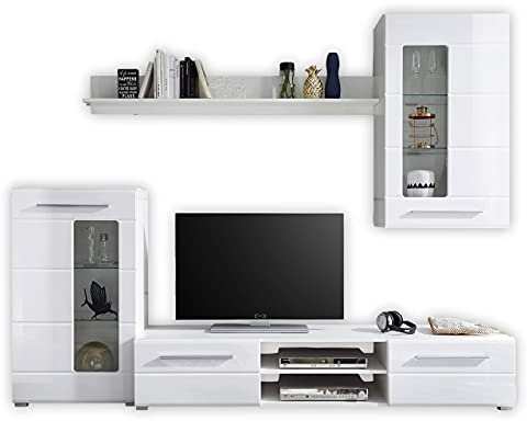 Stella Trading ENRIQUE Wohnwand Komplett-Set in Hochglanz Weiß - Moderne Schrankwand mit schöner LED-Beleuchtung für Ihr Wohnzimmer - 240 x 190 x 42 cm (B/H/T)
