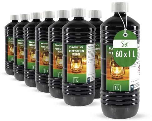 Höfer Chemie FLAMBIOL Gereinigtes Petroleum 60 x 1 L Heizöl - Entaromatisierte Qualität - Für Campingheizung, Petroleumlampe & Grillanzünder - Rußfreie Verbrennung