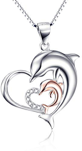 Pendentif en argent sterling monté sur chaîne composé de 2 dauphins formant un cœur