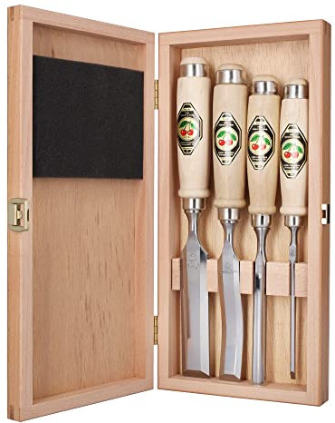 Kirschen 1190000 Problem Solver Firmer Chisel Set in Wooden Box, Beige/Silver, 4-Piece