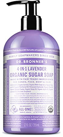 Dr Bronner’s 4-in-1 Organic Lavender Sugar Soap, Made with Organic Oils, Sugar and Shikakai Powder. For Hands, Body, Face & Hair. Fair Trade Certified & Vegan Friendly, 335ml Recycled Pump Bottle