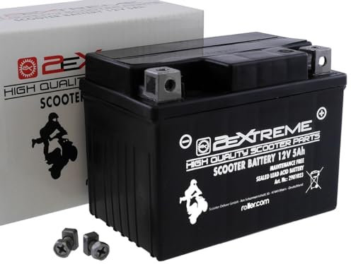 2EXTREME Batterie 12V 5Ah SLA4L-BS, wartungsfreie versiegelte und vorgeladene Rollerbatterie kompatibel für APRILIA SR 50, Mojito Custom, CPI Aragon, Oliver, EXPLORER Spin GE, Race GT 50ccm