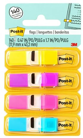 Post-it Index Flags Schmal, Packung mit 4 Spendern, 35 Blatt pro Spender, 11, 9 mm x 43, 2 mm, Gelb, Lila, Pink, Blau - Zum Markieren, Hervorheben oder Farbcodieren wichtiger Informationen