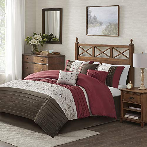 Madison Park Serene Faux Silk Comforter Set - Floral Embroidery Design, All Season Bedding Set, Matching Bed Skirt, Decorative Pillows, Red Cal King(104x92) 7 Piece