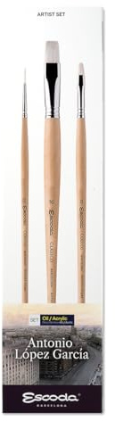 ESCODA Set 3 Pennelli Olio - Acrilico N. 2 Punta Tonda e N. 8, 16 Set 2 Setola di maiale Piatto Quadrato Antonio López Serie Classico Professionale Fatto a mano a Barcellona.