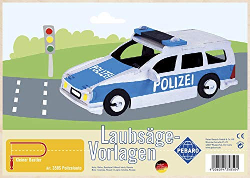 Pebaro 358 S Laubsägevorlage Polizeiauto, 3mm Sperrholz DIN A 4, Motiv vorgedruckt, aussägen mit Laubsägebogen, basteln, anmalen, fertig, Laubsägen, Basteln mit Holz, Geschenkidee