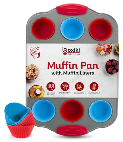 Boxiki Kitchen 12-teiliges Mini-Muffinblech mit Silikon-Muffin-Einsätzen. Professionelles Cupcake-Blech zum Backen von Muffin-Formen, Mini-Muffin-Blech aus nicht-klebendem Stahl