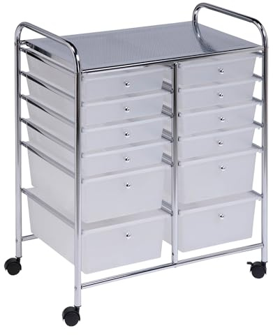 Honey Can Do Carrito Organizador de Estudio con 12 Cajones, Acero Inoxidable, Blanco Translúcido y Cromado, 27.94x40.64x78.10 cm