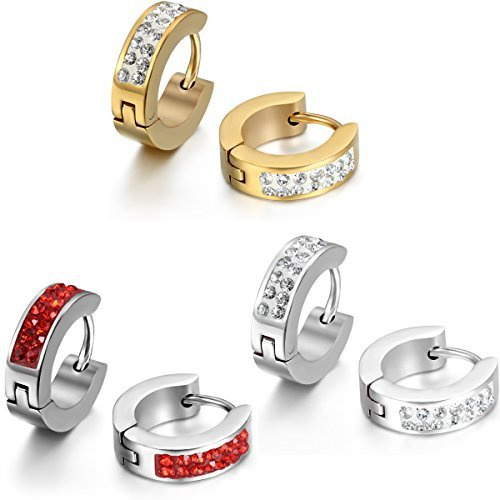 JewelryWe Bijoux 4mm Boucles d'oreilles Homme Femme Anneaux à Charnière Faux Diamant Bling Bling Acier Inoxydable pour Homme et Femme Avec Sac Cadeau