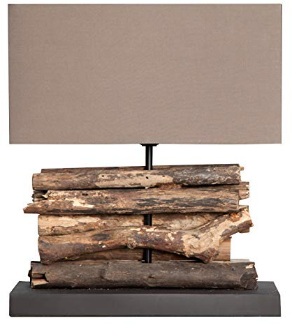 invicta INTERIOR Handgefertigte Design Tischlampe PERIFERE Schirm braun Treibholz Lampe mit echtem Leinenschirm