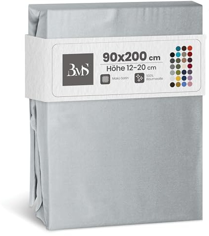 Bettwaesche-mit-Stil Mako Satin Spannbettlaken Spannlaken Spannbetttuch (90 cm x 200 cm, Matratzenhöhe 12-20 cm, Grau)