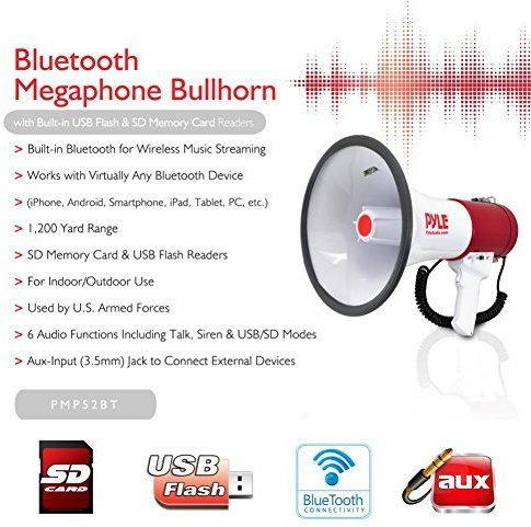 PYLE PMP52BT MEGAFONO PROFESSIONALE BIANCO E ROSSO DA 50 WATT MAX CON FUNZIONE DI SIRENA AMERICANA UDIBILE FINO A 1100 METRI CON INGRESSO USB SD CARD JACK 3,5 MM AUX BLUETOOTH INTEGRATO